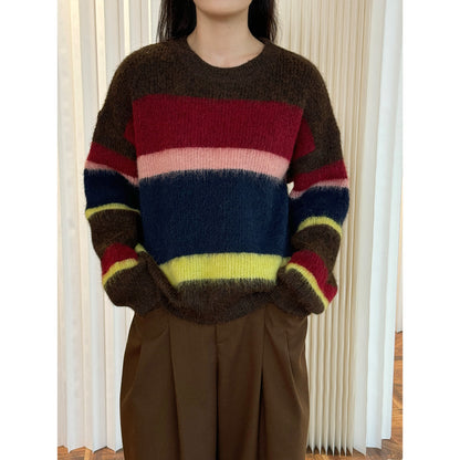 Retro contrasting striped wool sweater soft and skin friendly round neck pullover top for women