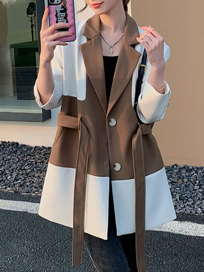 Color Block Laple Blazer Coat Women Full Sleeve Single Breasted Belt Casual New Versatile  Female Loose