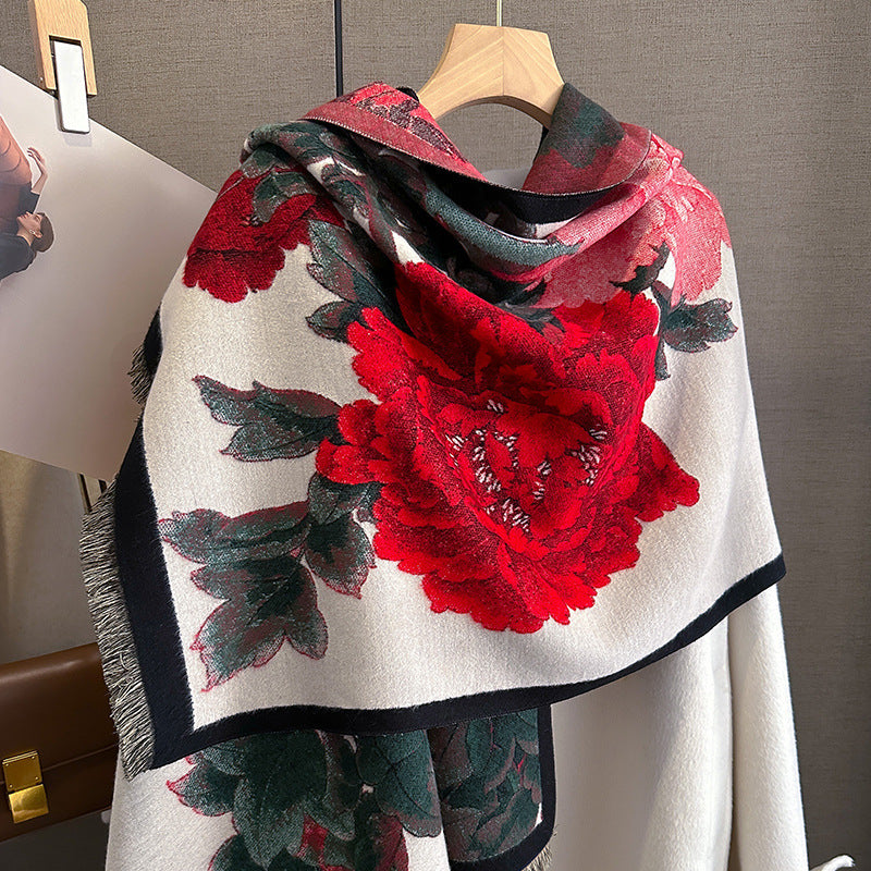 Retro Floral Artificial Cashmere Scarf Women's Thick Warm Scarf