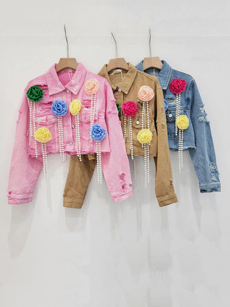 Fashion Trendy Women's Spliced Colorful Flower Diamonds Tassel Denim Coat  Summer New Lapel Jacket