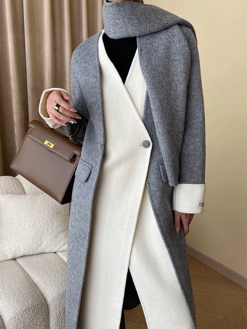 Gray Color-block With Scard Big Size Woolen Coat New V-neck Long Sleeve Women Jacket Fashion Autumn Winter