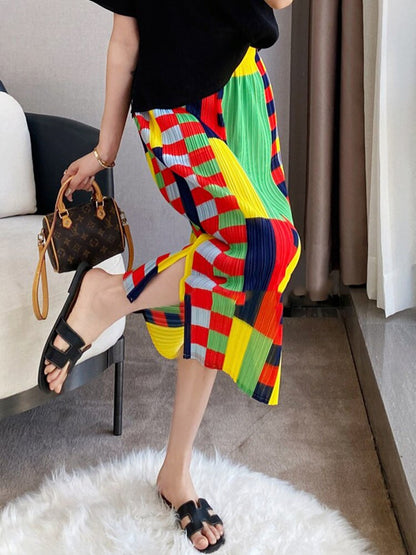 Women Pleated Skirt Color Block Plaid Print High Waist Elegant Hip Package Skirts Casual Style Summer Fashion