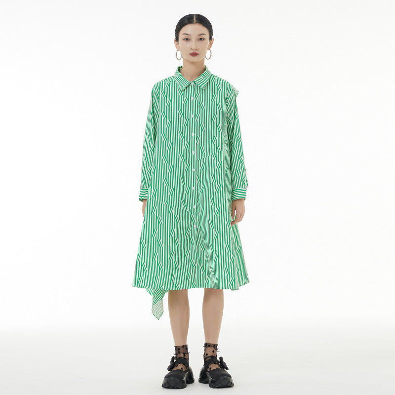 Women Green Striped Back Ruffles Big Size Long Shirt Dress New Lapel Long Sleeve Fashion Spring Autumn