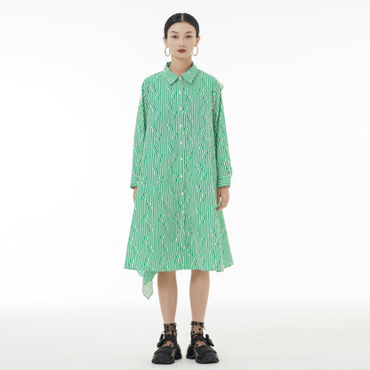 Women Green Striped Back Ruffles Big Size Long Shirt Dress New Lapel Long Sleeve Fashion Spring Autumn