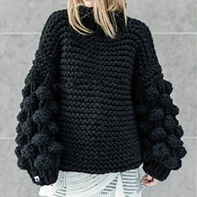 New autumn and winter fashionable sweaters with knitted pom-poms and lantern sleeves