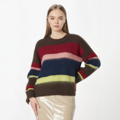 Retro contrasting striped wool sweater soft and skin friendly round neck pullover top for women