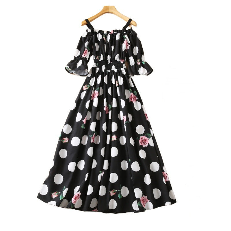 Tingfly New Spring Summer Fashion Polka Dot Print Slash Neck Party Dresses Elastic High Waist A Line Midi Long Elbise Frock