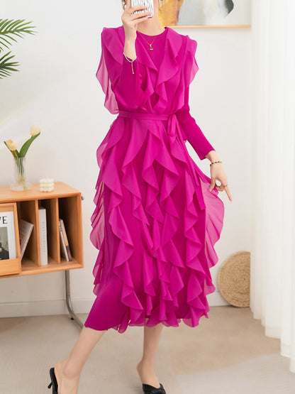 Pleated long dress ruffled round neck elegant waist lace-up large size pleated skirt