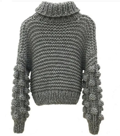 New autumn and winter fashionable sweaters with knitted pom-poms and lantern sleeves