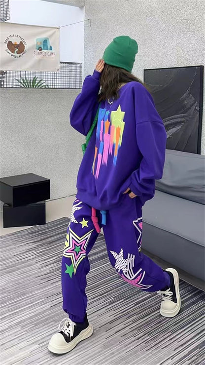 Hoodie women's long and fashionable cartoon graffiti print loose casual round neck autumn outfit set