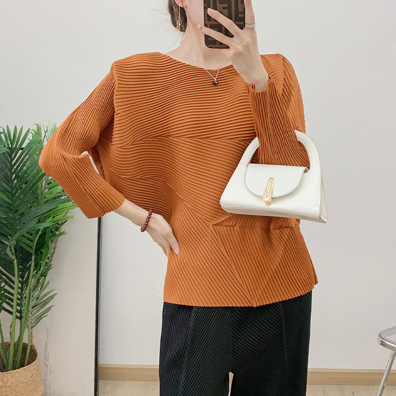 Wrinkled round neck batball sleeve top for women autumn style loose long sleeved pleated solid color handmade pleated base T-shirt