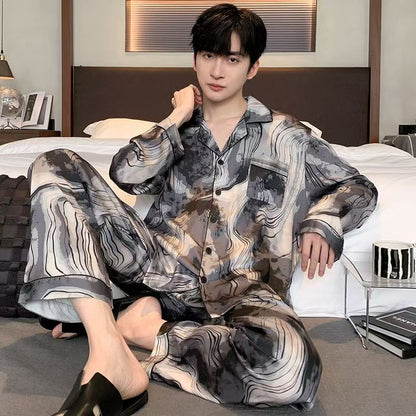 Ice silk long sleeved pajamas for men and men simulated silk plus size home suit set