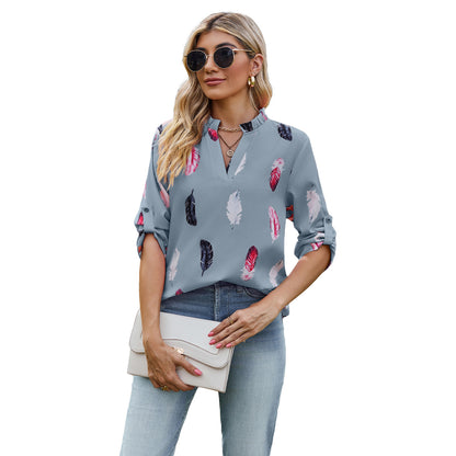 V-neck Feather Printed 34 Sleeves Loose Shirt