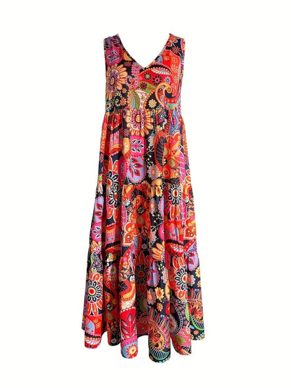 Women's Casual Floral V-neck Vest Large Hem Dress