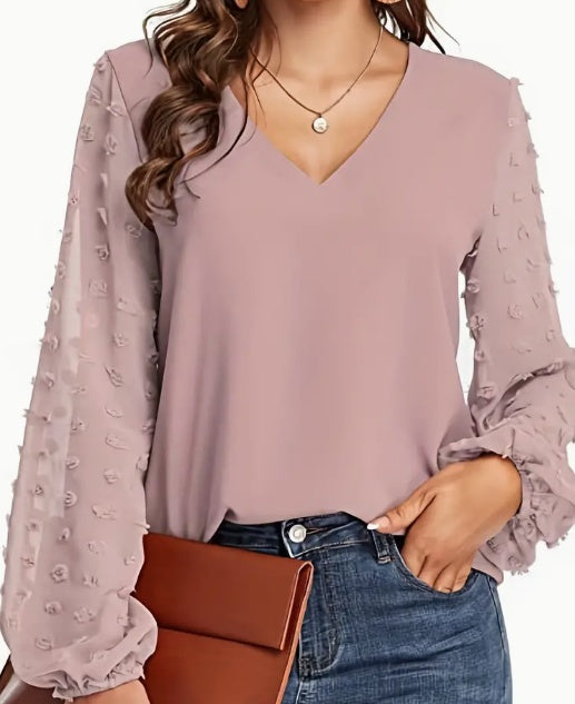 Swiss Dot V Neck Shirt - Soft, Breathable, Casual Solid Shirt For Spring And Fall Season, Women's Clothing With Relaxed Fit And Classic Style