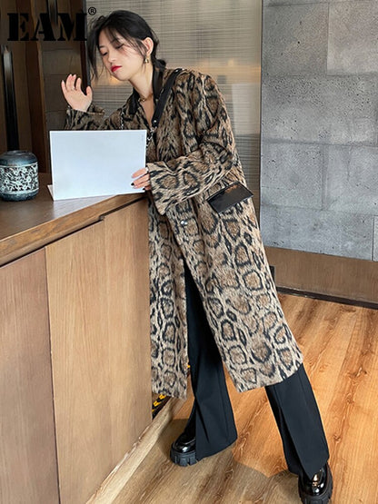 Loose Fit Brown Pattern Big Size Long Woolen Coat Parkas New Long Sleeve Women Fashion Autumn Winter