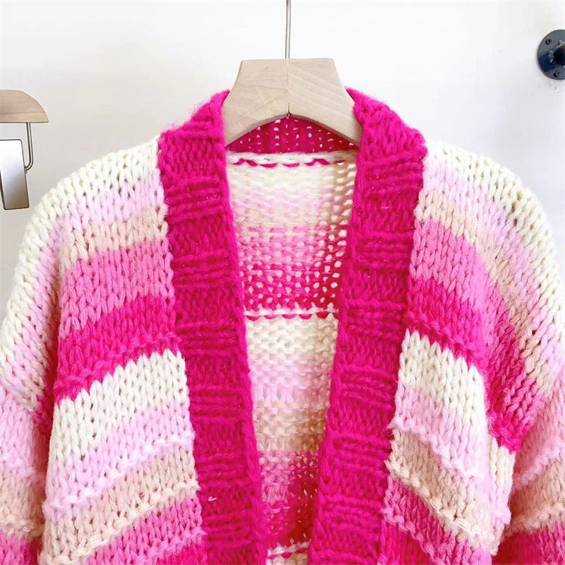 Knitted knit sweater paired with cardigan medium to long loose color blocked top for women in autumn and winter