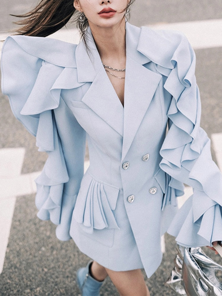 Autumn New Style Ruffle Wave Sleeve Suit jackets Women's Double Breasted Design Solid Color Blazer Fashion