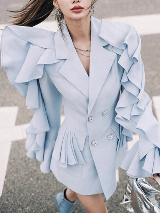 Autumn New Style Ruffle Wave Sleeve Suit jackets Women's Double Breasted Design Solid Color Blazer Fashion