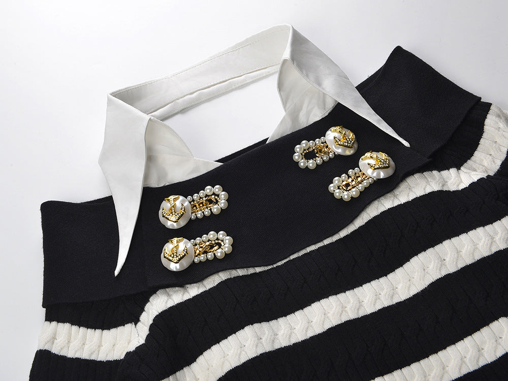 Rock Navy style shirt collar design nail bead buckle black and white striped off shoulder knit sweater