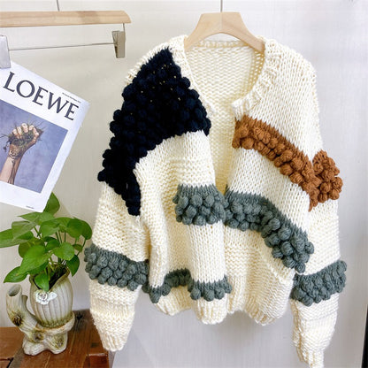 Knitted rod needle jacket cardigan three-dimensional ball sweater loose autumn and winter new top