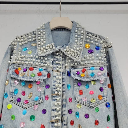 Spring Autumn Women Rainbow Diamonds Pearls Beaded Denim Jacket Rhinestones Rivets Short Jeans Cowboy Cardigan Sequined Outwear