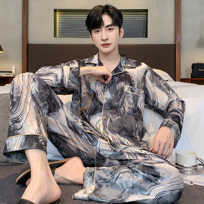 Ice silk long sleeved pajamas for men and men simulated silk plus size home suit set