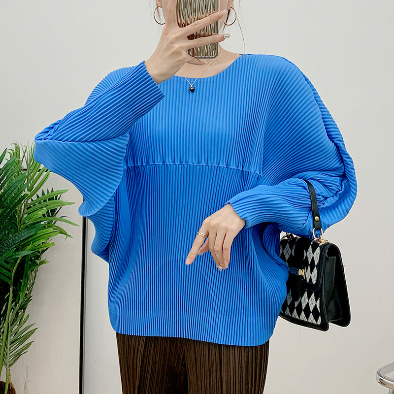 Fish scale pleated T-shirt autumn fashion pleated solid color design, slim fit and slimming, long sleeved top for women