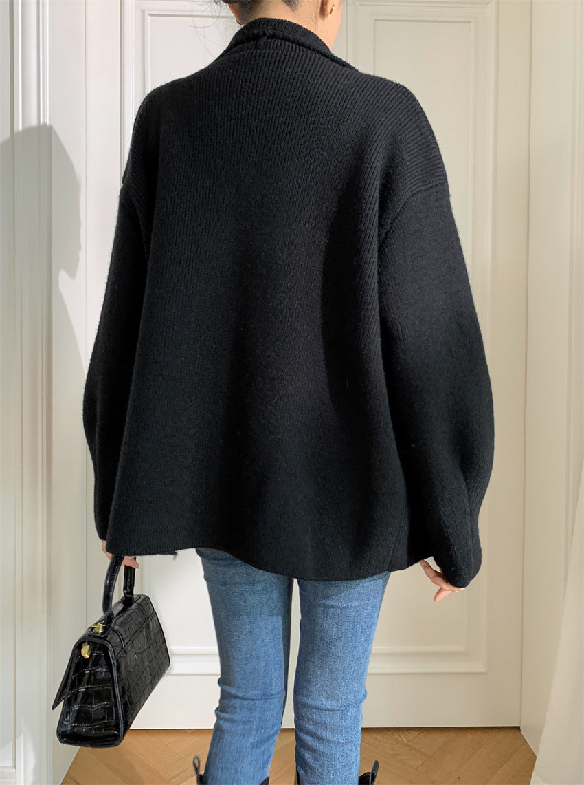 Solid Loose Casual Knitting Sweaters For Women Lapel Long Sleeve Minimalist Temperament Sweater  Coat