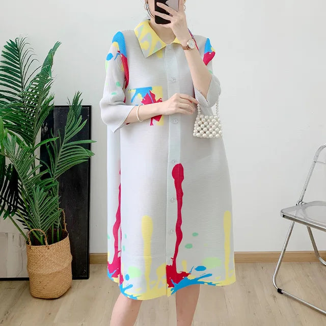 Casual Print Pleated Dress Women Lapel Contrast Color Single Breasted Mid Length Dresses  Summer New Clothing