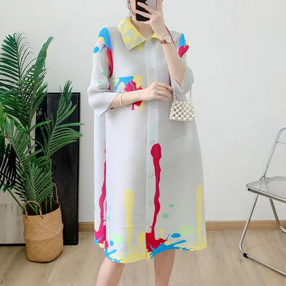 Casual Print Pleated Dress Women Lapel Contrast Color Single Breasted Mid Length Dresses  Summer New Clothing