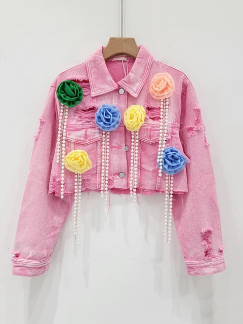 Fashion Trendy Women's Spliced Colorful Flower Diamonds Tassel Denim Coat  Summer New Lapel Jacket