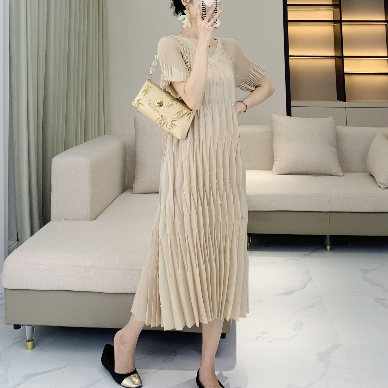 Summer new design sense, standing pleat nail bead high elasticity comfortable dress, women's age reducing casual dress