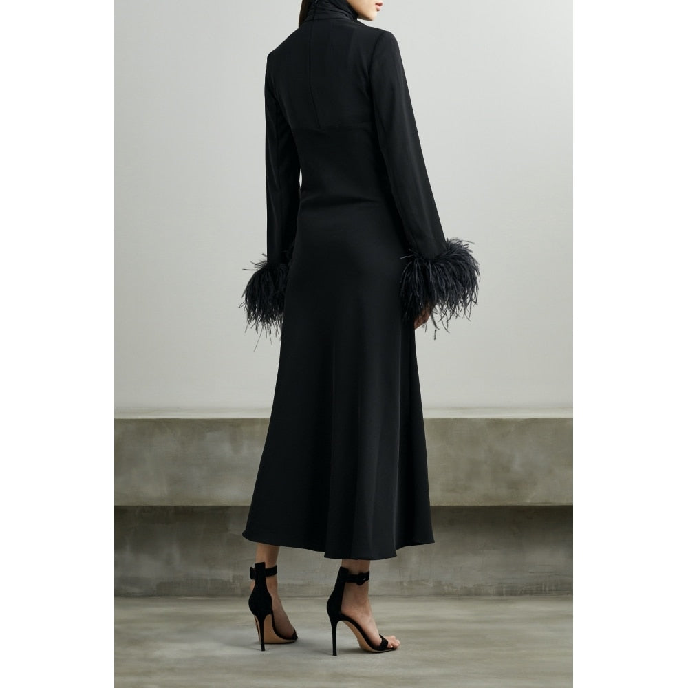 16AR Customized  Women Black Ostrich Feather Trimmed Sleeve Cut-out Black Midi Party Dress High Quality Evening Wedding Dress