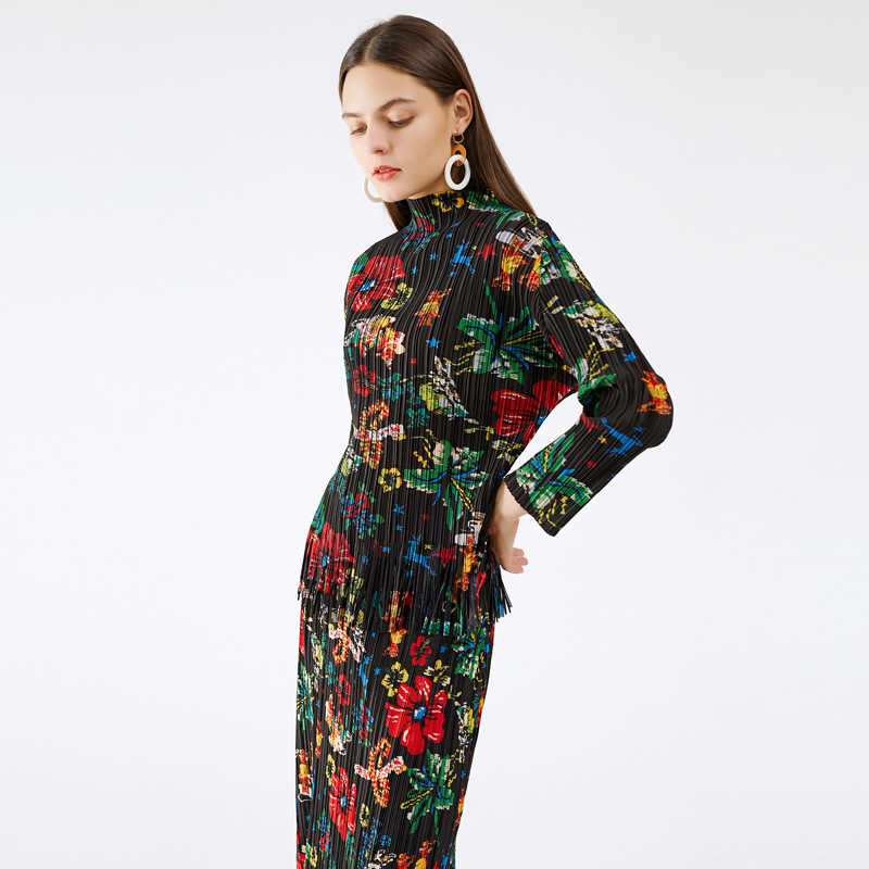 Pleated Suit Woman Indie Folk Floral Print Tassel Stand Collar Top + Pick Hip Long Skirt Slim New Summer Fashion