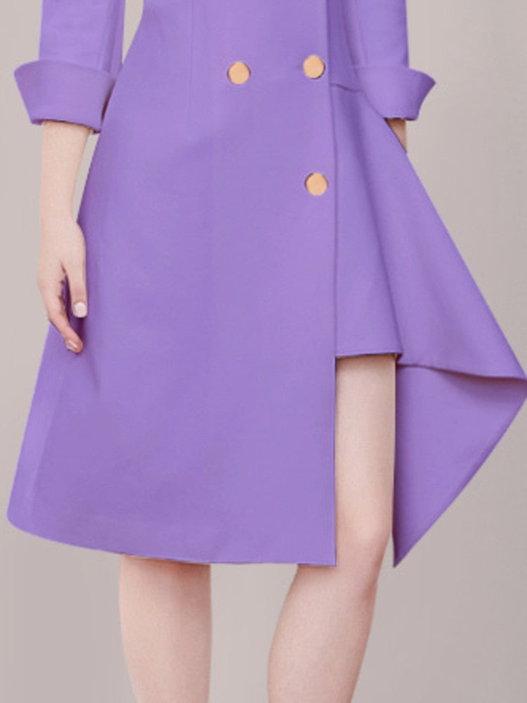 Fashion Women's Suit Dress Purple Irregular Notched Collar Double Breasted Mid-calf Dresses Female Autumn