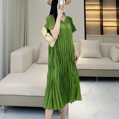 Summer new design sense, standing pleat nail bead high elasticity comfortable dress, women's age reducing casual dress