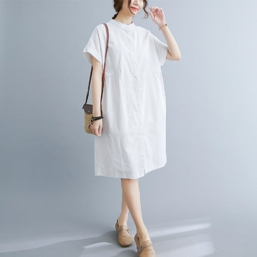 Literary Loose Plain Cotton And Linen Stand Collar Short Sleeves