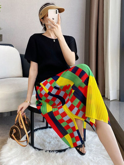 Women Pleated Skirt Color Block Plaid Print High Waist Elegant Hip Package Skirts Casual Style Summer Fashion