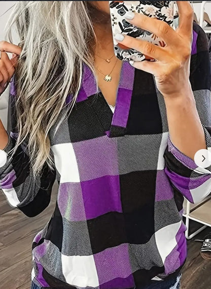 Stylish Plaid Flannel Shirt - Soft Long Sleeve V-Neck Top With Relaxed Fit For Everyday Wear, Women's Casual Clothing For Autumn And Winter Season