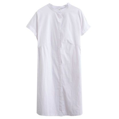 Literary Loose Plain Cotton And Linen Stand Collar Short Sleeves