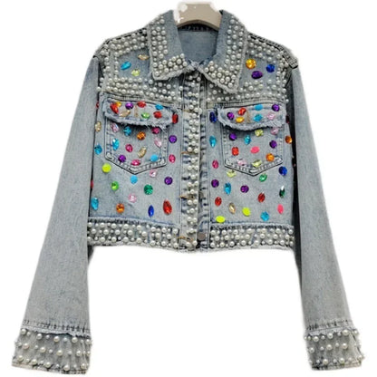 Spring Autumn Women Rainbow Diamonds Pearls Beaded Denim Jacket Rhinestones Rivets Short Jeans Cowboy Cardigan Sequined Outwear