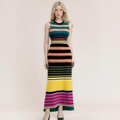 Colorful horizontal striped jacquard woven slim fitting sleeveless knitted dress