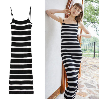 Striped Midi Spaghetti Strap Knitting Dresses Summer Thin Slim Bodycon Sexy Night Dress For Women