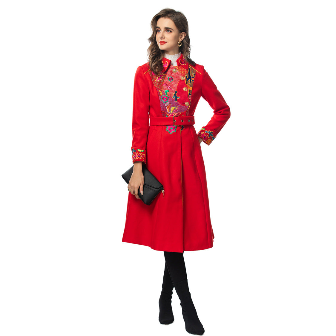 Chinese style retro woolen embroidery elegant ladies' coat slim fit woolen coat