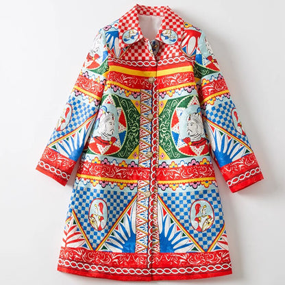 Early Spring New Women's Lapel Long Sleeve Colorful Geometric Print Loose Trench Coat