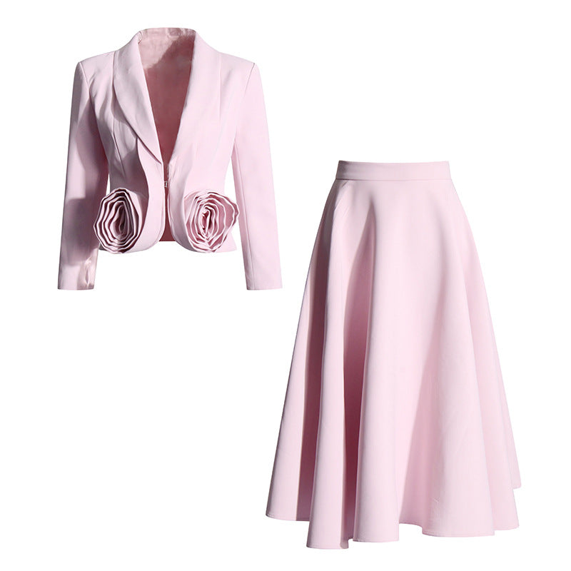 Three dimensional rose two-piece waist cinching slimming suit+pleated mid length skirt set