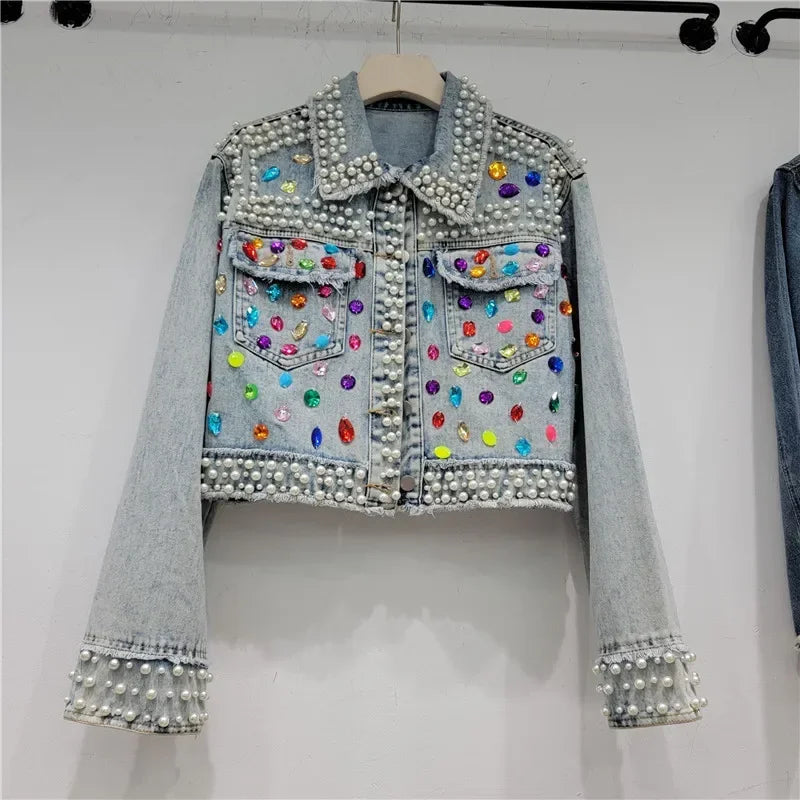 Spring Autumn Women Rainbow Diamonds Pearls Beaded Denim Jacket Rhinestones Rivets Short Jeans Cowboy Cardigan Sequined Outwear