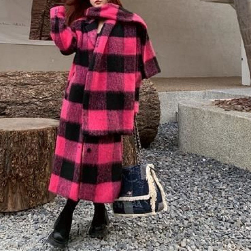 Loose Fit Plaid Big Size Long Thick Warm Woolen Coat Parkas New Long Sleeve Women Fashion Tide Autumn Winter