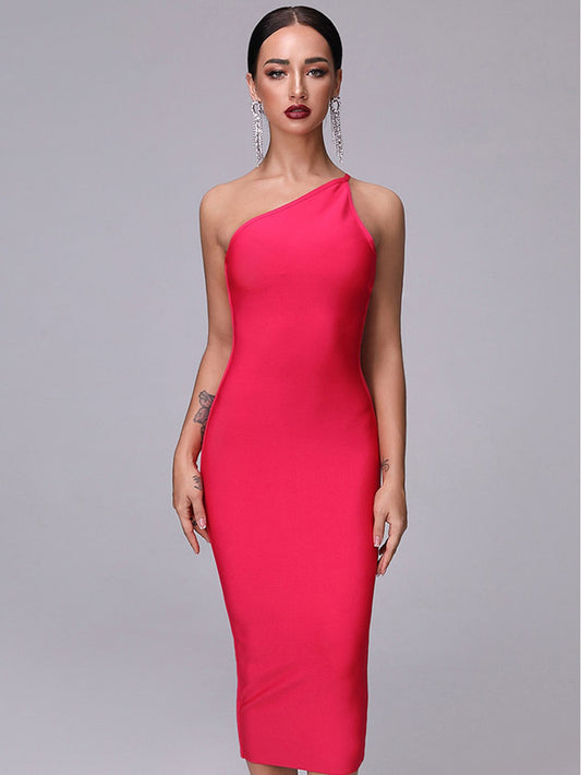 Summer New Rose Red Sexy Chic One-Shoulder Halter Dress Party Celebrity Women's Bandage Christmas Dress